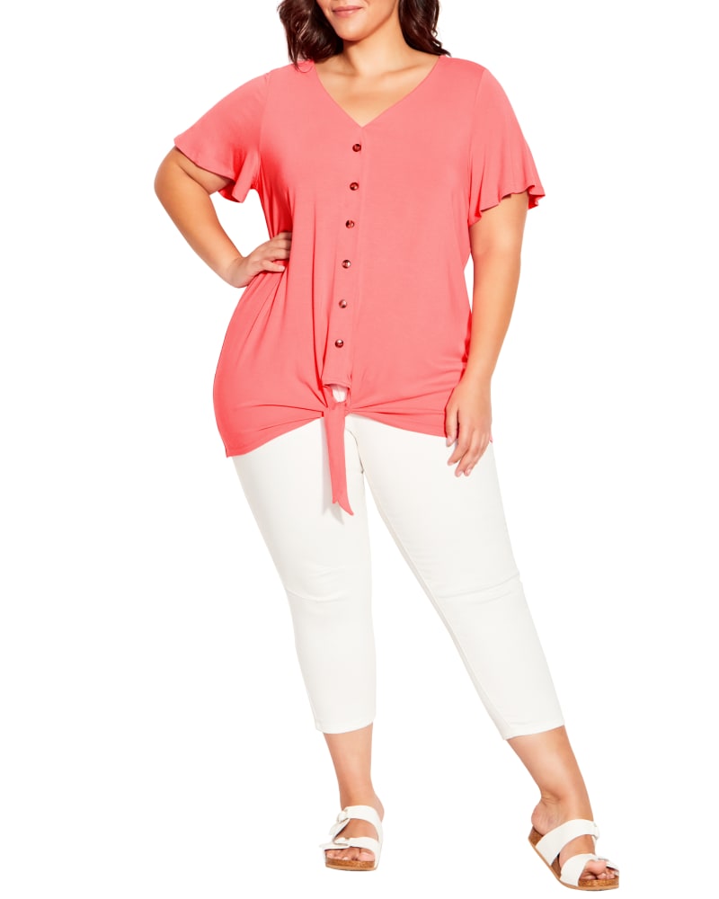 Plus size model wearing Lori Tie Front Top by avenue | Dia&Co | dia_product_style_image_id:197509